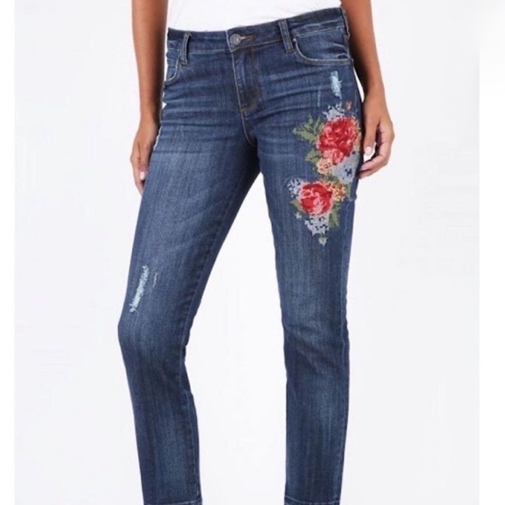 Kut from the Kloth Floral Embroidered Distressed Jeans